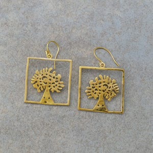 Messing Quadrat Rahmen Baum Ohrringe, Natur inspiriert Ohrringe, Statement Ohrringe, einzigartige Ohrringe, Frauen Ohrringe