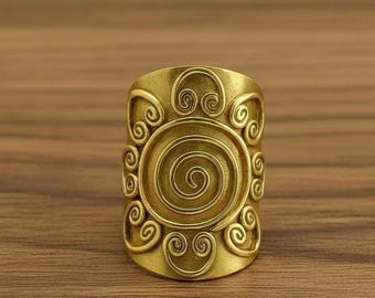 Gold Spiral Statement Ring, Wide Band Vintage Style Ring, Boho Celtic Swirl Ring, Adjustable Gold Ring for Women, Handmade Minimal Jewelry