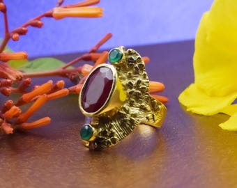 Handmade Gold Statement Ring with Red Ruby and Green Gemstones – Unique Vintage Style Jewelry