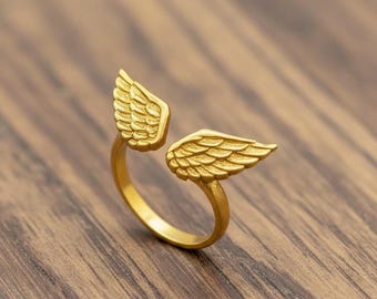 Angel Wing Ring, Gold Open Wing Ring, Minimalist Boho Jewelry, Adjustable Statement Ring, Handmade Unisex Gift