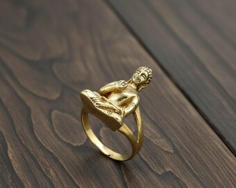 Gold Buddha Ring, Meditation Buddha Ring, Spiritual Statement Ring, Zen Jewelry, Handmade Buddhist Ring, Unisex Gold Ring