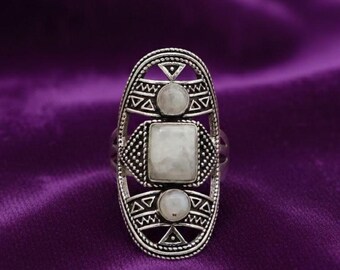 Moonstone Statement Ring, Handmade Silver Boho Ring, Vintage Tribal Gemstone Ring for Women Men, Ethnic Jewelry Gift