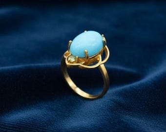 Blue Stone Gold Ring, Turquoise Statement Ring, Vintage Style Gemstone Ring, Oval Stone Gold Ring, Boho Jewelry Gift for Women
