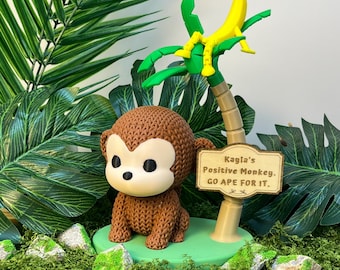 Set de mono de escritorio de apoyo emocional/compañero de plátano con letrero de madera personalizado, decoración de escritorio positiva para la oficina de los amantes de los monos