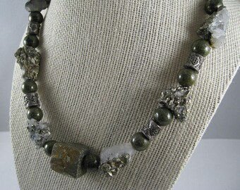 OOAK Pyrite/Quartz/Russian Jade Statement Necklace