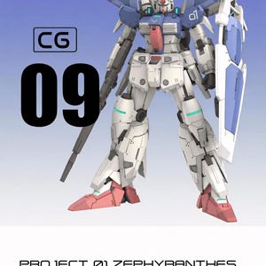 Op de afbeelding: Een wit, blauw en rood robotmodelbouwpakket met het label Project 01 Zephyranthes. De figuur is voorzien van een schild, een geweer en gedetailleerde bepantsering. Het is een 1/100 schaalmodel met een totale hoogte van 20,5 cm, gemarkeerd met CG 09.