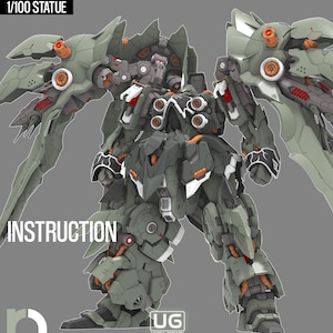 Puede incluir: Una estatua NZ666-KSHATRIYA SPEC II a escala 1/100 con un complejo diseño mecha en verde oliva, detalles mecánicos naranjas, grandes estabilizadores en forma de ala y acentos blancos. La imagen incluye el texto INSTRUCTION, UG ULTRA EGRADE y SPECIAL PROJECT.