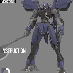 Può includere: Una statua mecha EB-AX2 GRAZE EIN in scala 1/100 con una combinazione di colori viola e nero, un'ascia come arma e una corazza meccanica. L'immagine include il testo EB-AX2 GRAZE EIN, 1/100 STATUE, INSTRUCTION e SEASON 9 CG.