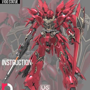 Può includere: Una statua MSN-06S NEO ATLAS in scala 1/100 raffigurante un robot mecha rosso con finiture dorate, che impugna un lungo fucile e uno scudo. Il testo riporta MSN-06S NEO ATLAS, 1/100 STATUE, INSTRUCTION, UG ULTRA EGRADE e SEASON 9.