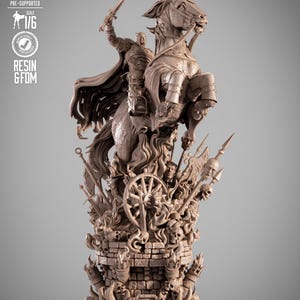 May include: A monochromatic brown resin statue of a knight in armor riding a rearing horse, holding a sword aloft. The base features a brick wall, skulls, a wagon wheel, and severed heads on pikes. Text includes "PRE-SUPPORTED", "SCALE 1/6", and "B3DSERK".