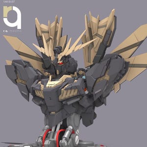May include: A 1/48 scale Banshee Norn mecha bust model featuring a dark gray and tan color scheme with red eye details. The figure displays intricate mechanical plating, a V-fin crest, and wing-like structures. Text reads BANSHEE NORN and r.q. mecha.