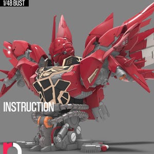 Può includere: Un busto modello MSN-06S NEO ATLAS in scala 1/48. La figura mecha presenta una combinazione di colori rosso e nero con accenti dorati, un'unità testa appuntita e grandi strutture simili ad ali. Il testo MSN-06S NEO ATLAS e INSTRUCTION è visibile.