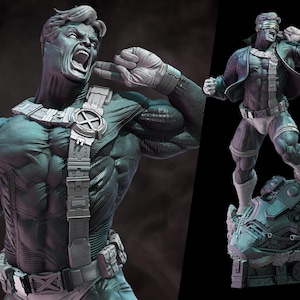 May include: A detailed Cyclops figurine from X-Men, featuring a muscular character in a dark suit with a tactical harness, visor, and gloves. The figure stands on a mechanical base with the text X-Men Cyclops and Wicked visible.