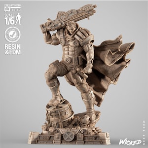 May include: A 1/6 scale resin and FDM 3D printed figure of a muscular character with a short haircut, wearing tactical armor and a flowing cape. The character holds a large rifle over one shoulder and stands on a base with a circular container.