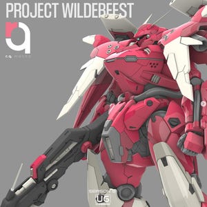 Può includere: Una figura di robot mecha rosa e bianco con un'arma nera tenuta in mano. Il testo PROJECT WILDEBEEST, r.q. mecha e SEASON 6 UG è visibile. Il robot presenta una corazza angolare, un design della testa appuntito e giunti meccanici.