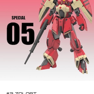 May include: A red and beige Zoloat robot model kit with a black rifle, featuring the text SPECIAL 05, #3 ZOLOAT, SCALE: 1/100, and TOTAL HEIGHT: 15.7 CM. The humanoid figure has large shoulder armour, a central chest piece, and articulated limbs.