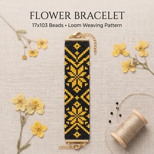 May include: A beaded bracelet featuring a black and yellow geometric flower pattern, crafted with a loom weaving technique. The text FLOWER BRACELET 17x103 Beads • Loom Weaving Pattern is displayed above the bracelet, which has gold-toned metal ends.