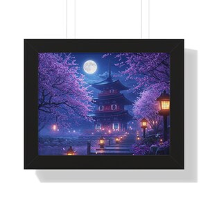 Zauberhaftes Kirschblüten-Gerahmtes Poster, Serenity Wall Art, japanisches Dekor, Perfektes Geschenk für Naturliebhaber, Mondlichtlandschaft