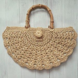 Crochet Raffia Bag with Natural Bamboo Handles, Luxury Design Raffia Bag, Crochet Summer Bag, Bag with Top Handles, Boho style Handmade Bag
