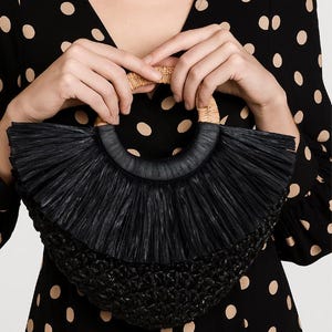 Crochet Raffia Bag with Bamboo Rattan Handles, Luxury Design Raffia Bag, Crochet Summer Bag, Bag with Top Handles, Boho style Handmade Bag