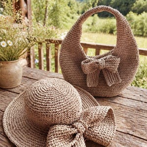 May include: A light brown crocheted sun hat with a wide brim and a matching handbag with a bow detail. The bag has a crescent shape and a handle. The items are displayed on a wooden table, suggesting a summer theme. The hat's brim is approximately 40 cm in diameter.