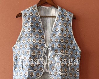 Handmade Reversible Quilted Vest: Indian Block Print Cotton Boho Coat
