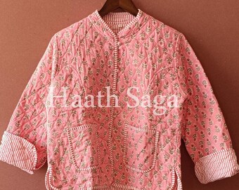 Handgefertigte Rosa Floral Gesteppte Baumwolljacke, Boho Mantel zum Wenden
