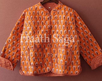 Handblock bedruckte Baumwoll-Steppjacke - Boho-Blumenmantel