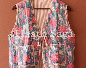 Chaleco acolchado con estampado floral hecho a mano: Chaqueta de algodón bohemia reversible