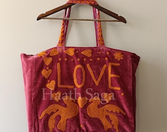 Handmade Velvet Tote Bag – LOVE Embroidery Design, Spacious & Stylish Daily Use Bag