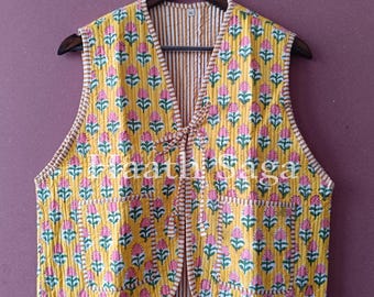 Chaleco acolchado reversible hecho a mano, chaqueta de algodón con estampado floral en bloque