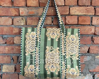 Tiger Print Quilted Cotton Tote Bag: Handmade Travel Shoulder Purse