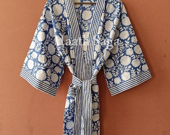 Handprinted Cotton Kimono Robe – Indigo Floral Block Print Loungewear