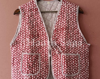 Chaleco acolchado reversible hecho a mano: Chaqueta bohemia de algodón con estampado de bloques indios