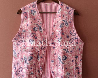 Reversible Quilted Vest: Floral Cotton Indian Block Print, Handmade Boho Coat
