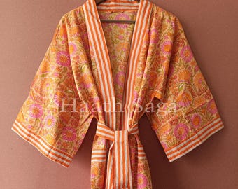 Handmade Floral Cotton Kimono Robe: Indian Block Print Loungewear