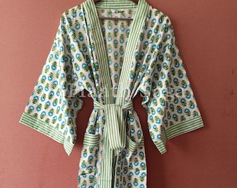 Handmade Floral Cotton Kimono Robe: Indian Block Print Loungewear