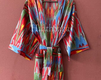 Handgefertigte Kimono Robe aus Baumwolle mit Blumenmuster, Boho Loungewear