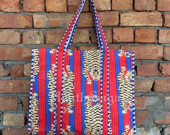 Handmade Quilted Cotton Tote Bag: Tiger Print Travel Shoulder Bag