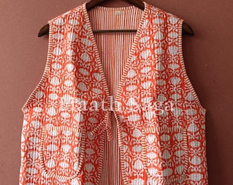 Handmade Reversible Cotton Vest, Orange Block Print, Floral Quilted Jacket