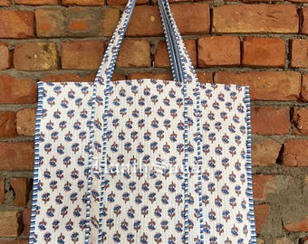 Hand Block Printed Quilted Cotton Tote Bag: Handmade Shopping Shoulder Bag