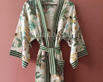 Katoenen kaftan met jungleprint, boho-strandjurk, loungewear