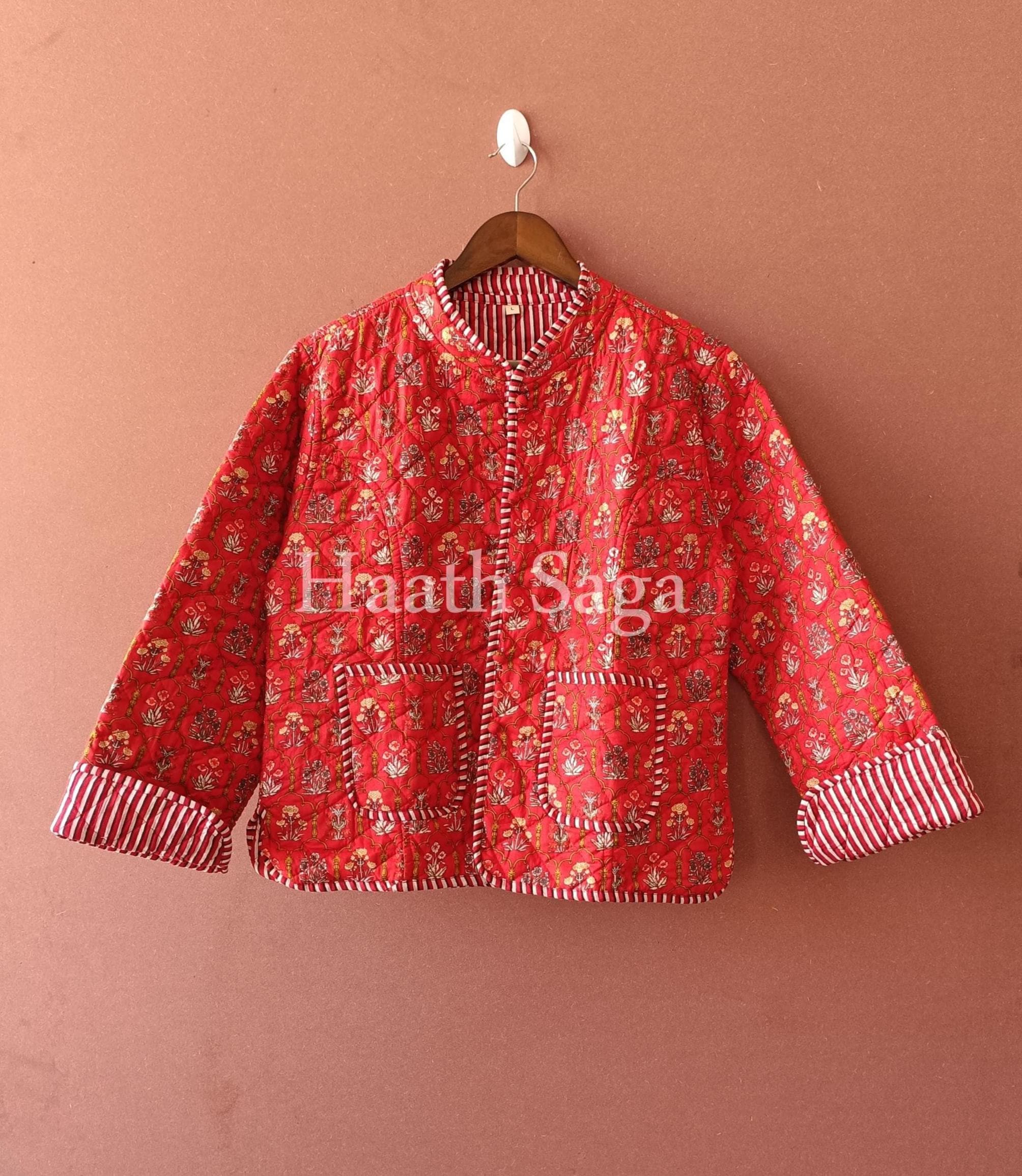 Hand Block Print Red Floral Quilted Cotton Jacket - Boho Waistcoat