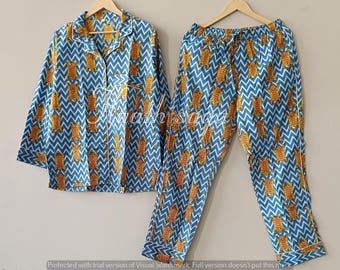Conjunto de pijama de algodón hecho a mano: pijama de estar por casa con estampado floral.