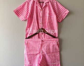 Hand Block Check Printed Cotton Pajama Set, Women's Sleepwear