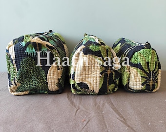 3-teiliges handgefertigtes gestepptes Make-up-Taschenset: Blockprint-Kulturtaschen aus Baumwolle