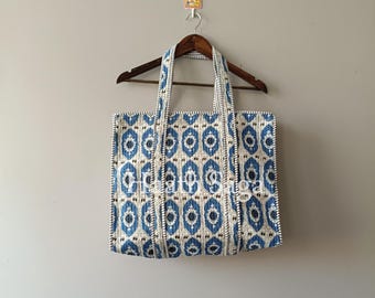 Borsa tote reversibile in cotone biologico: stampa a blocchi realizzata a mano, borsa grande per la spesa