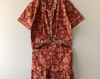 Hand Block Printed Cotton Pajama Set – Women’s Lightweight Summer Sleepwear Shorts