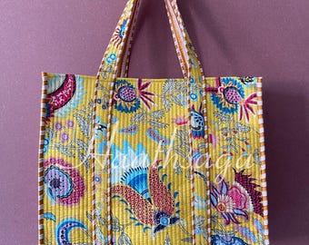 Handcrafted Cotton Quilted Tote Bag: Indian Block Print Travel Bag