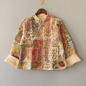 Indisk bomullslappstickad quiltad jacka: Boho bekväm jacka